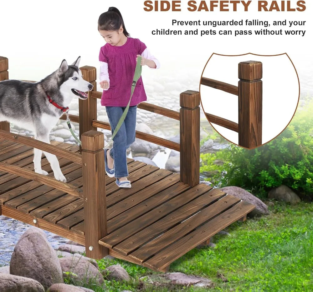Carbonized Fir Wood Garden Arc Bridge With Railings