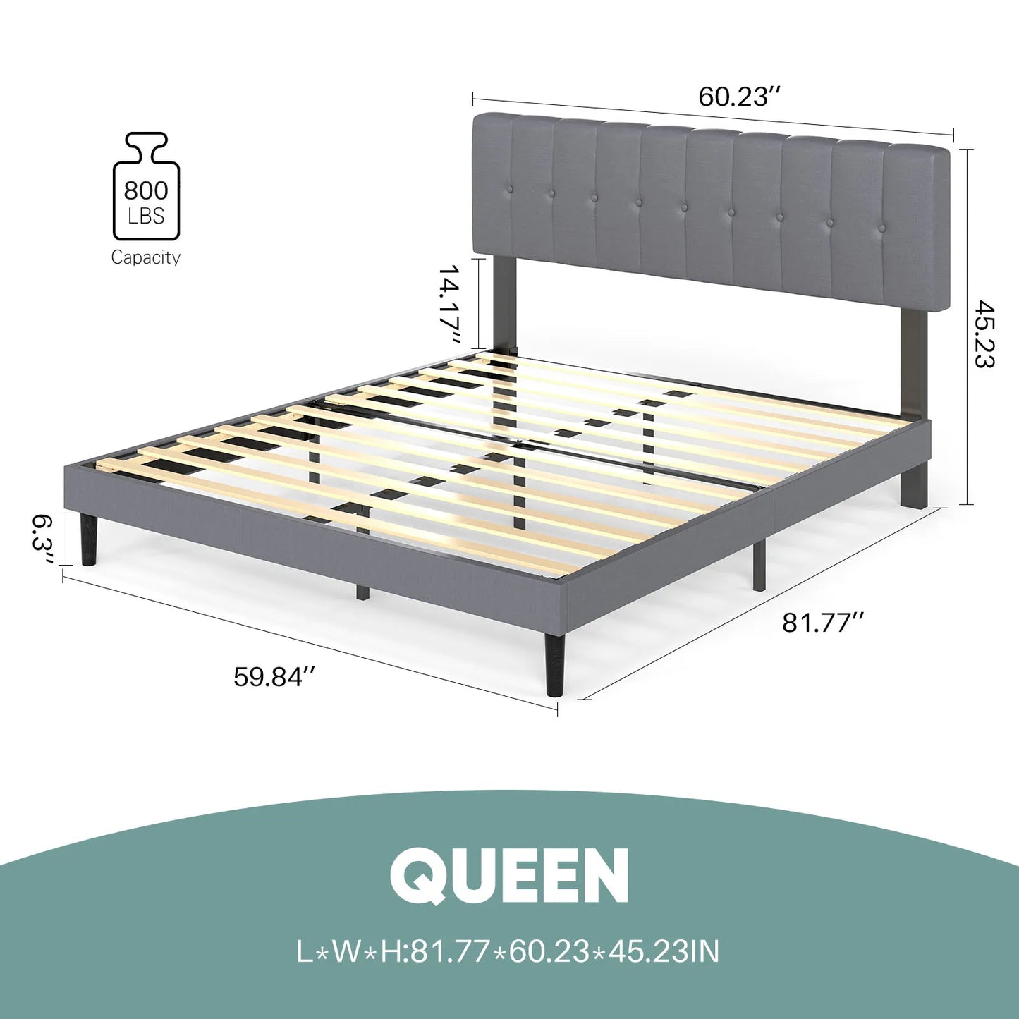 JHK King Wooden Bed Frame With Fabric Upholstered Slats