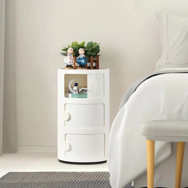 Modern White Round Bedside Table with 3 Tier Storage and Sliding Door Design