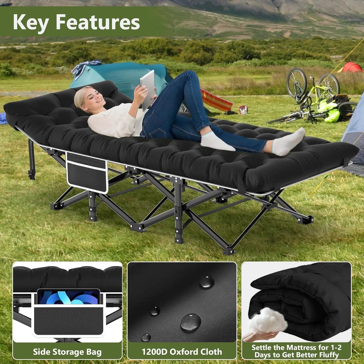 Portable Folding Camping Cot for Adults Heavy Duty 500lbs