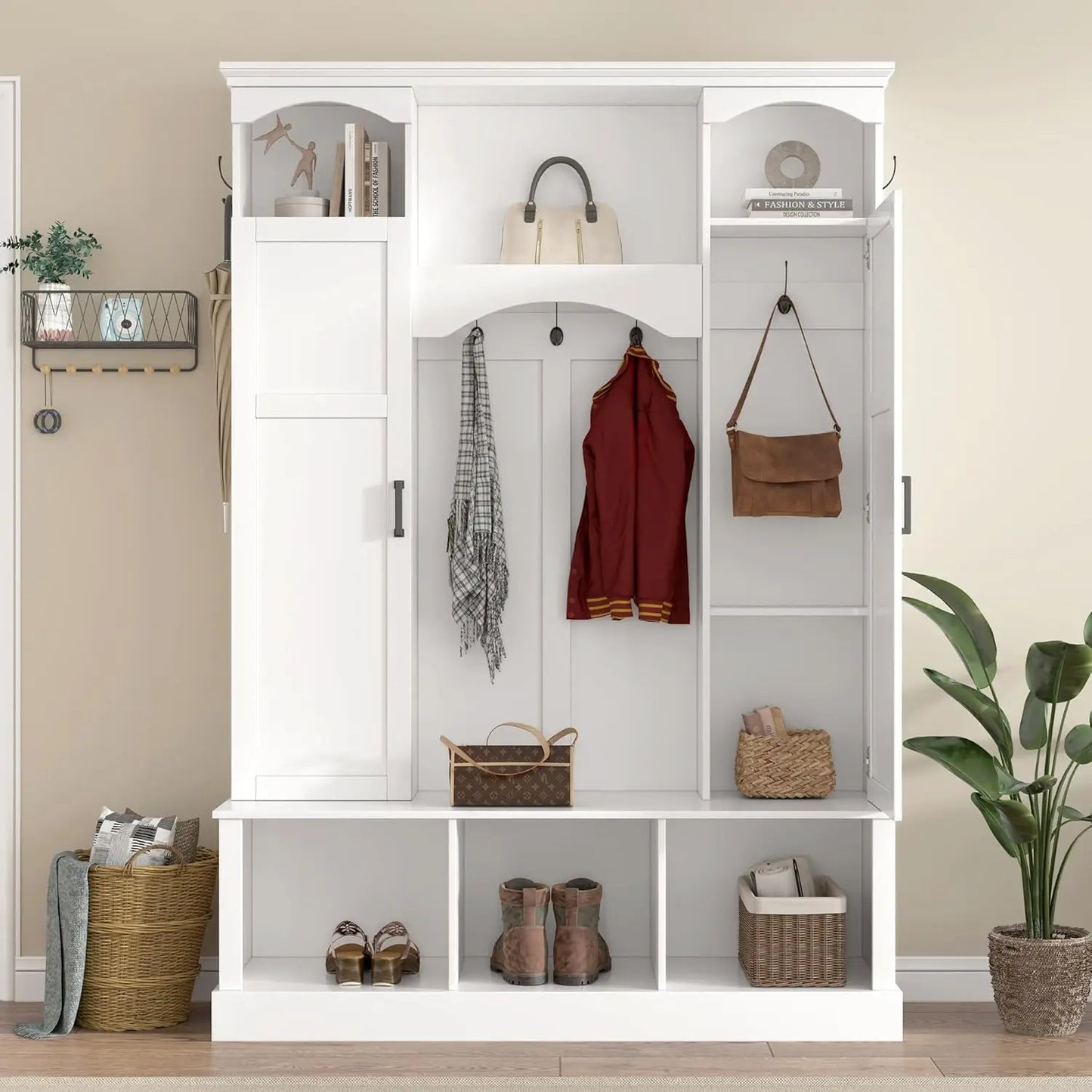 Farmhouse Hall Tree Bench With Adjustable Shelves And Hooks