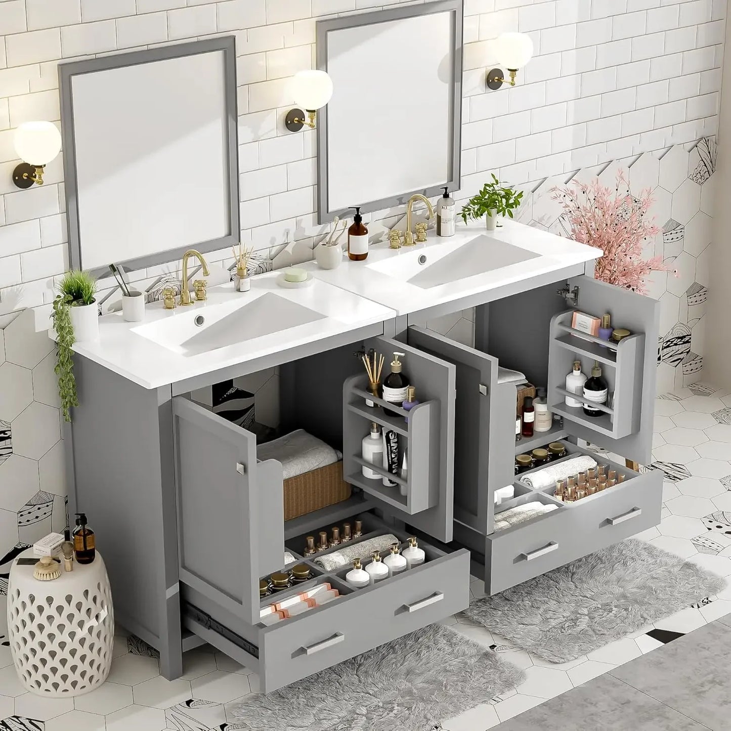 60 Inch Solid Wood Bathroom Vanity with Double Sink and Storage Cabinets