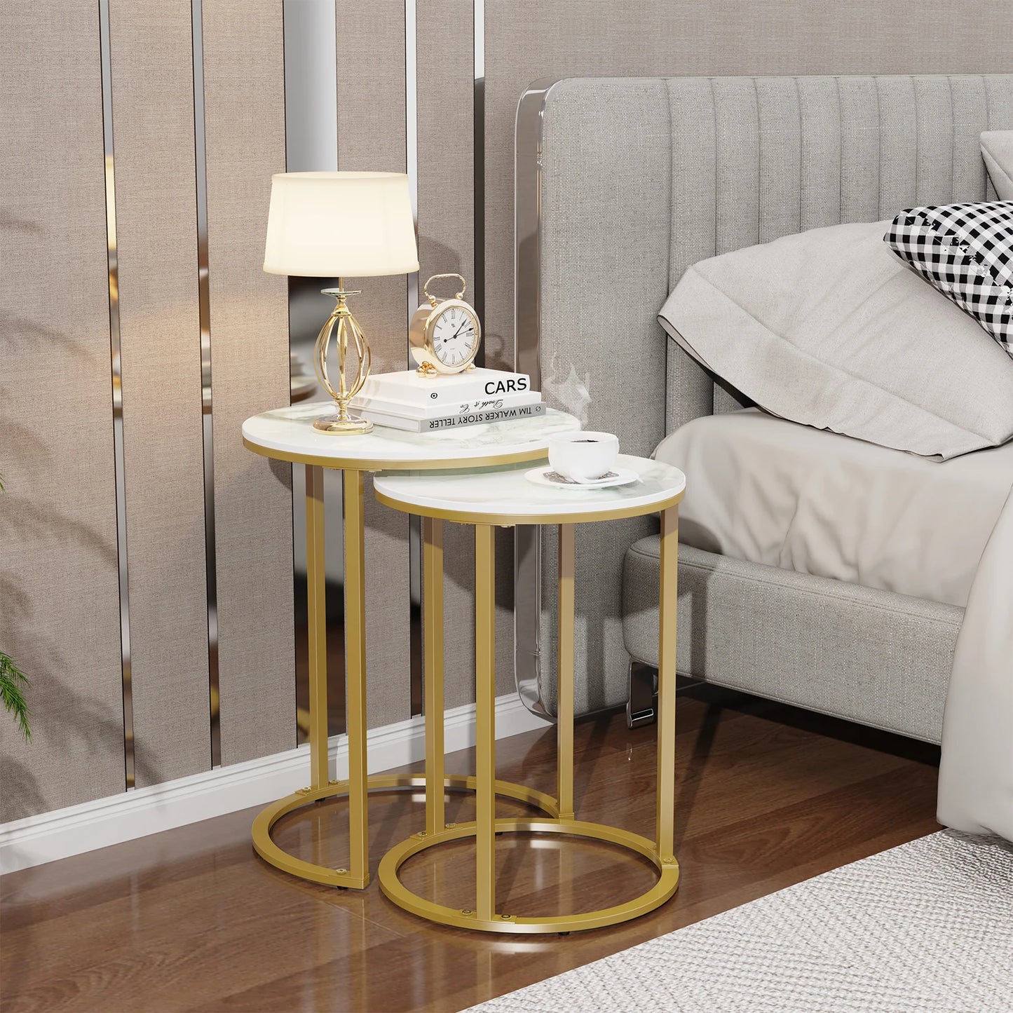 Set of 2 Modern Sintered Stone Round Accent Tables with Metal Base