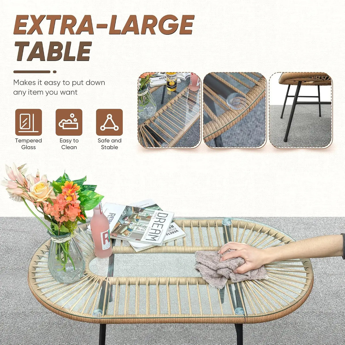 Luxury Metal Rattan Patio Sectional Sofa Furniture With Table