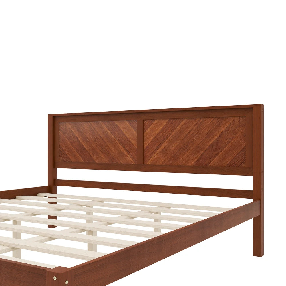 Solid Wood Platform Bed With Herringbone Headboard And Storage