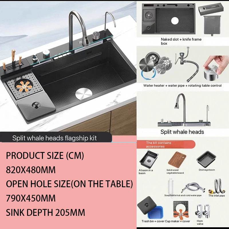 304 Stainless Steel Kitchen Waterfall Sink Digital Display
