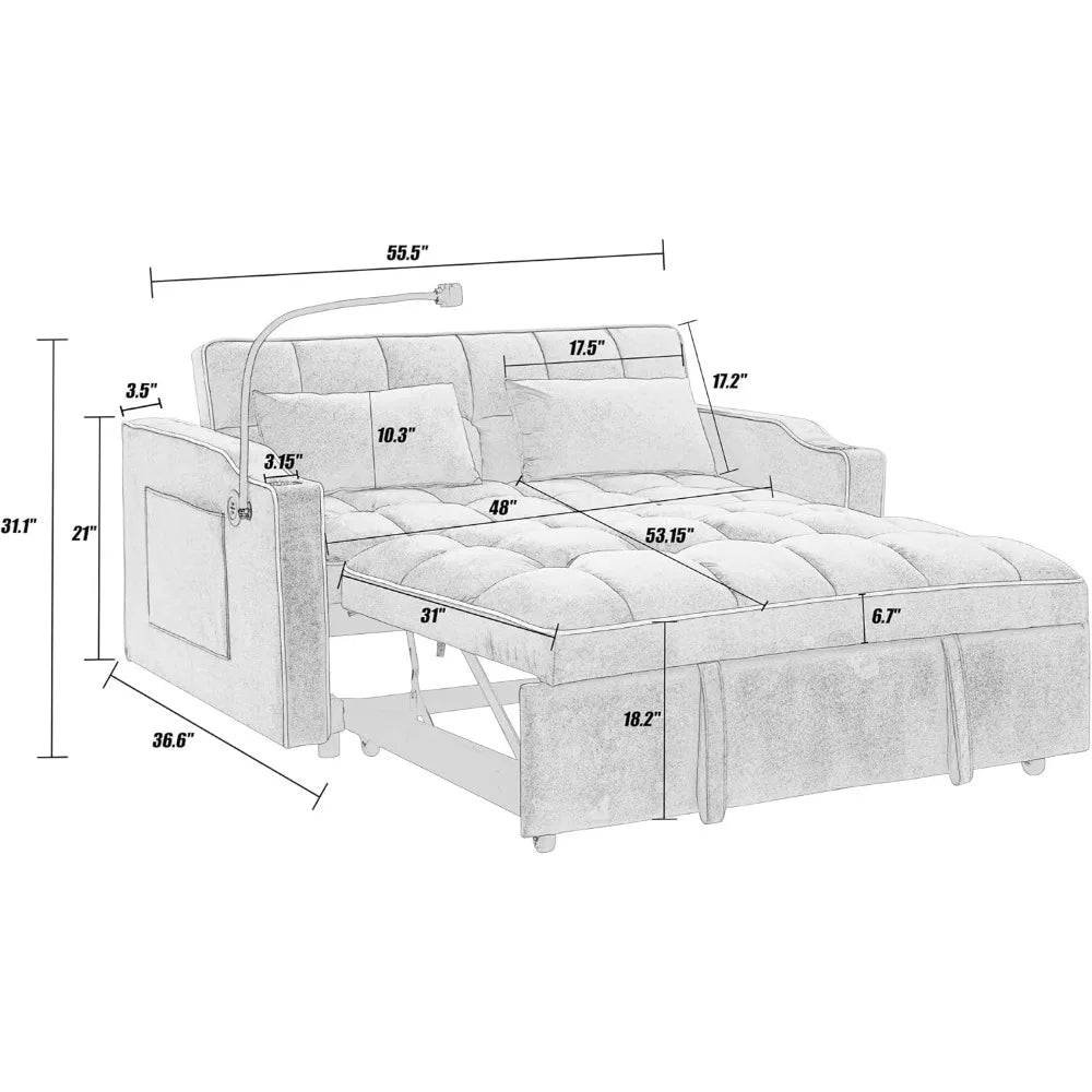 Foldable Sofa Bed with USB Ports Modern Velvet Loveseat Sleeper Couch
