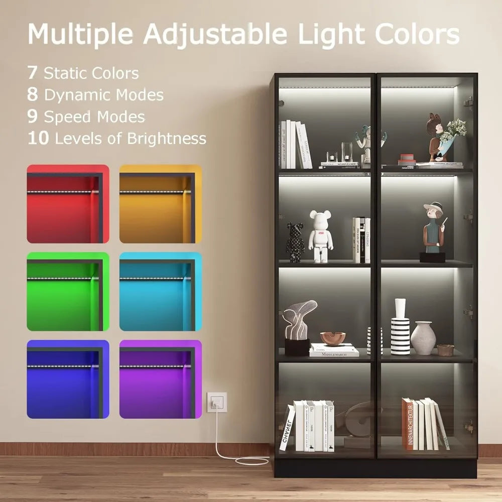 Modern Glass Display Cabinet with LED Lights and 4-Tier Shelves