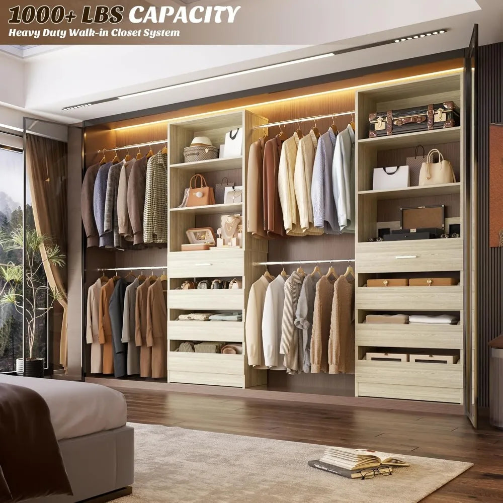 4-9Ft White Oak Closet Organizer System with 4 Wooden Drawers and Tower