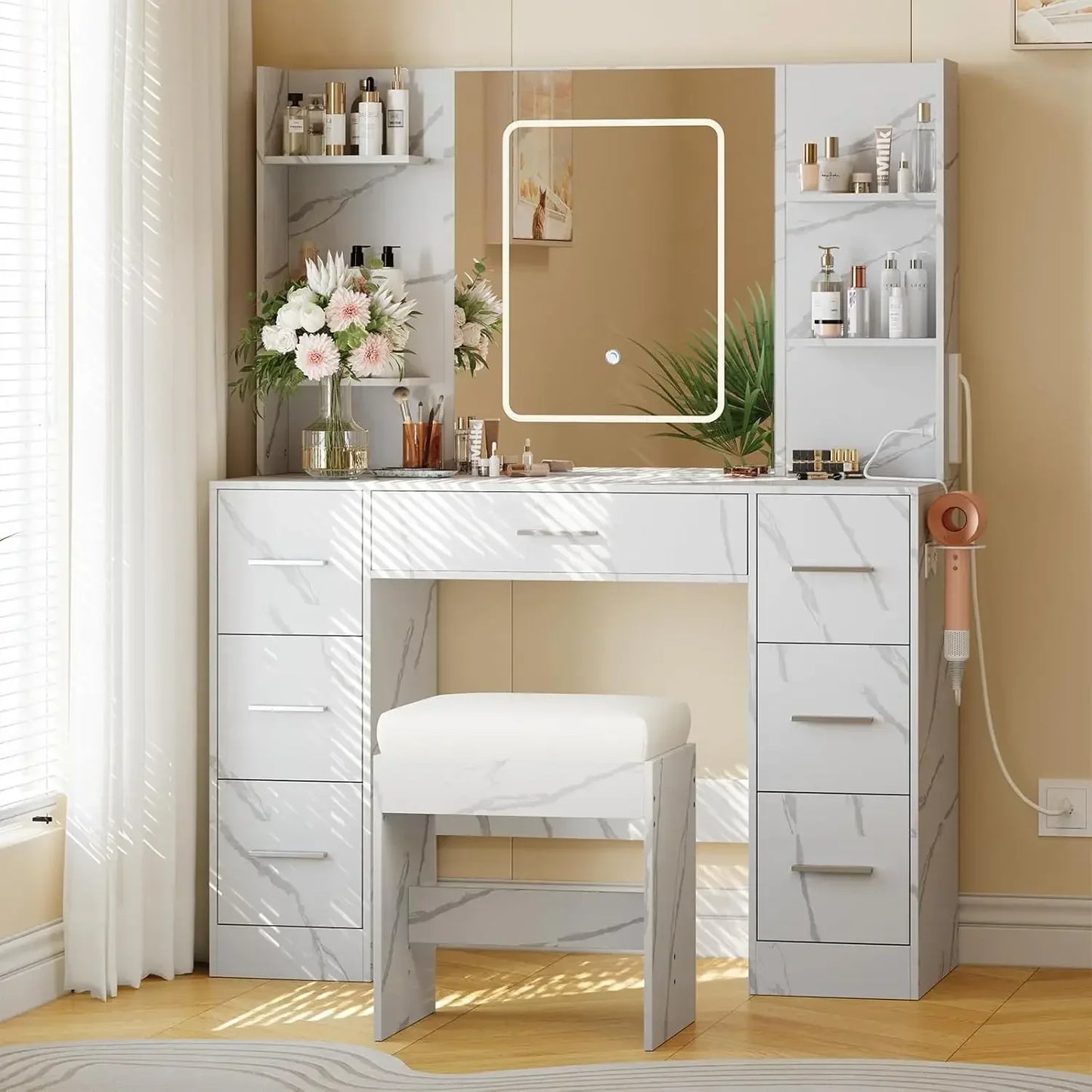 Vanity Table with Large Mirror and Adjustable LED Lighting and Chair
