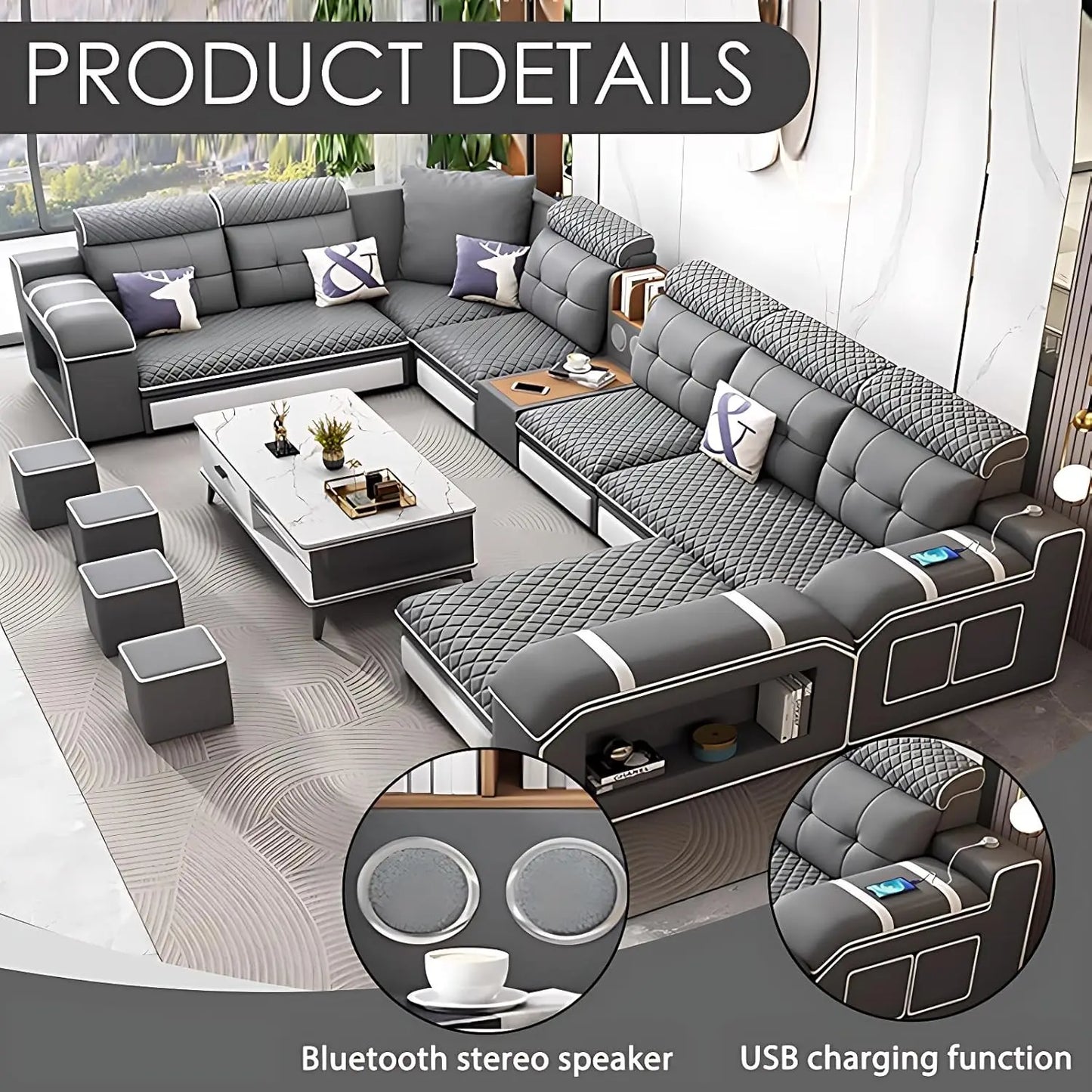 Combination Modern Faux Leather L Shaped Ergonomic Sofa Set