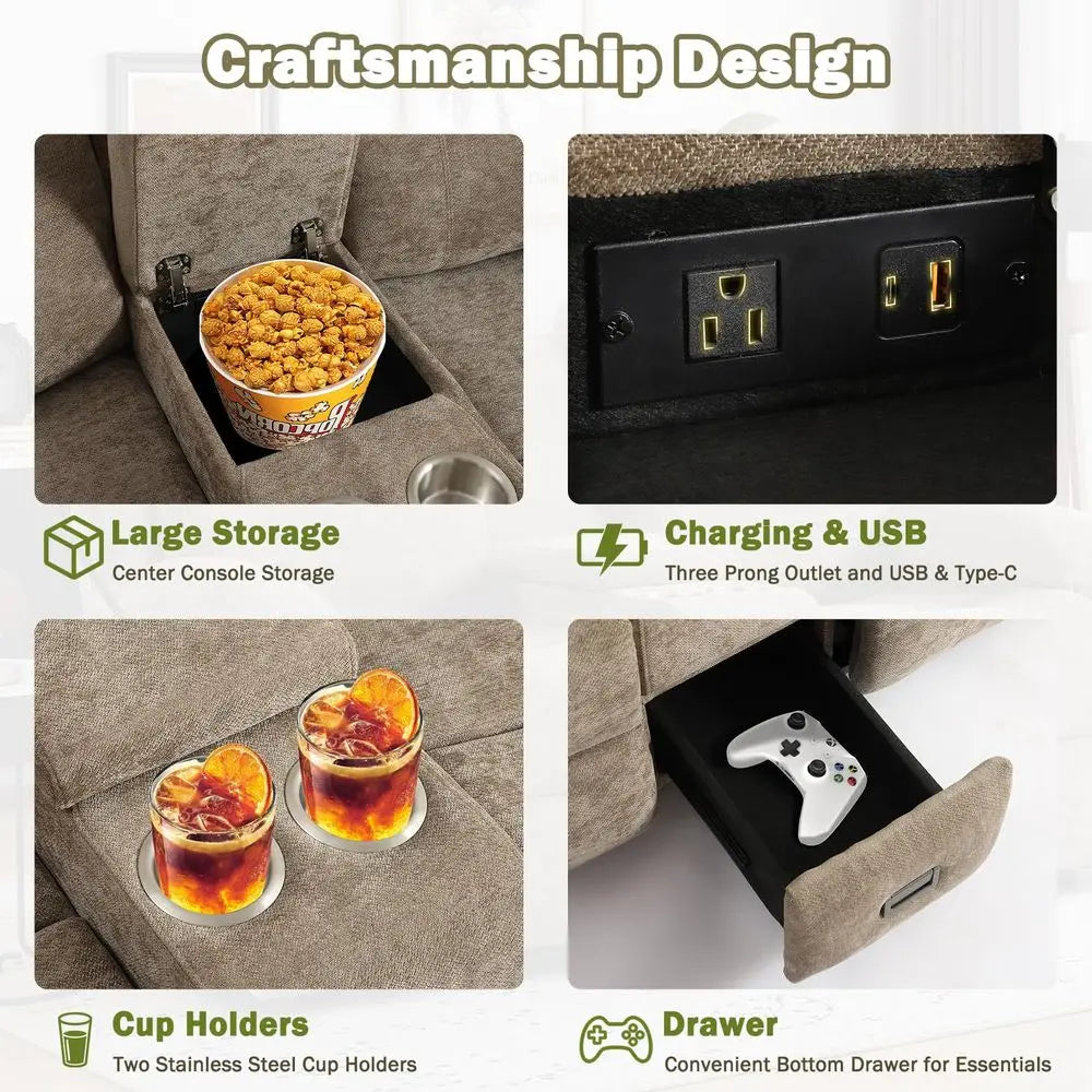 Reclining Loveseat Sofa With 360 Degree Phone Holder USB