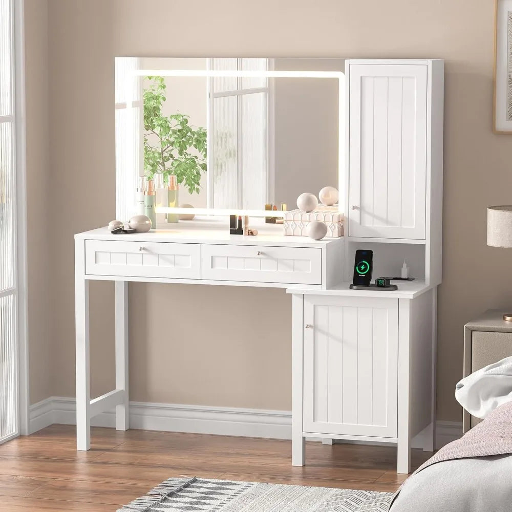 Vanity Desk With Mirror And Built In Lighting And Drawers