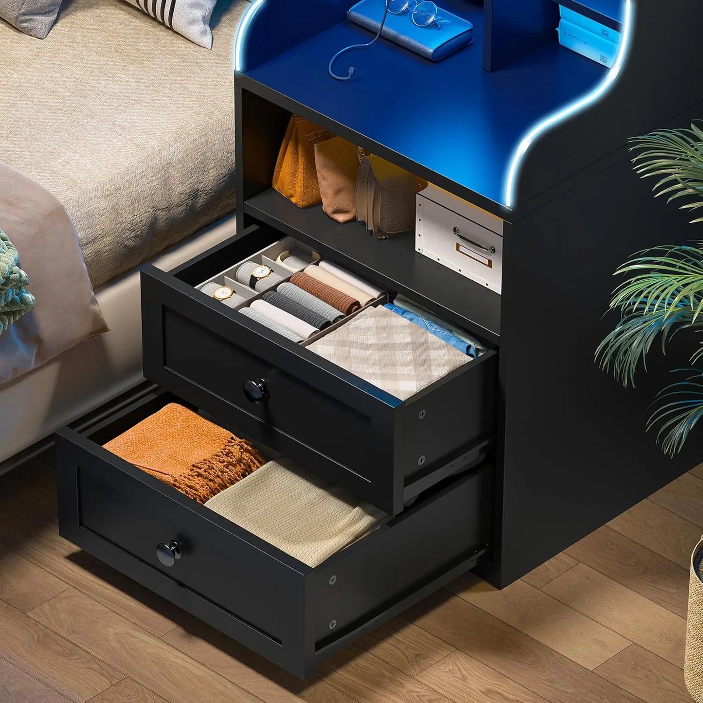 Tall Black Nightstand with LED Lights and Charging Station Two Drawer Design