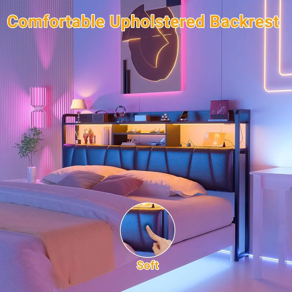 MKDK Bed Frame With Upholstered Headboard USB Outlets LED