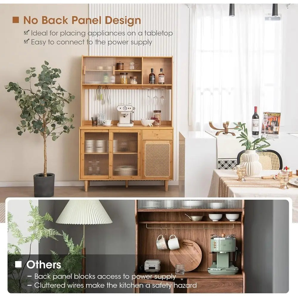 Sturdy Bamboo Pantry Cabinet With Storage And Microwave Stand