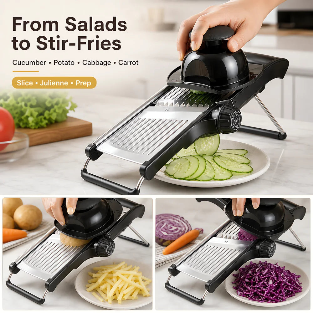 Adjustable Mandoline Slicer With Food Holder And Julienne Cutter