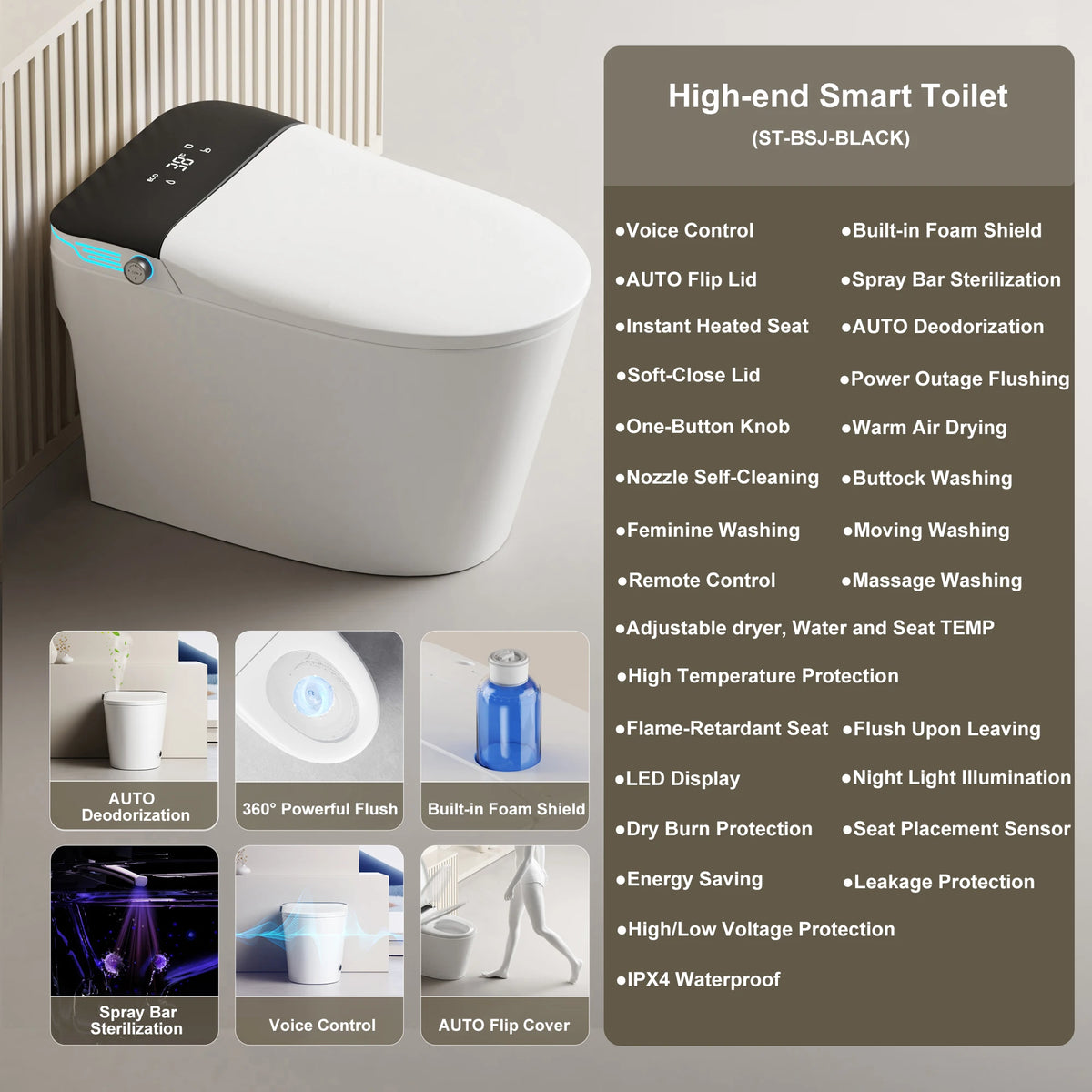 Elongated Smart Bidet Toilet, Voice Control, Warm Air Drying