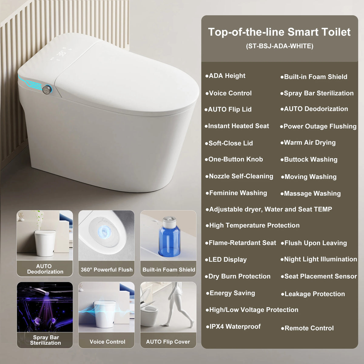 Elongated Smart Bidet Toilet, Voice Control, Warm Air Drying