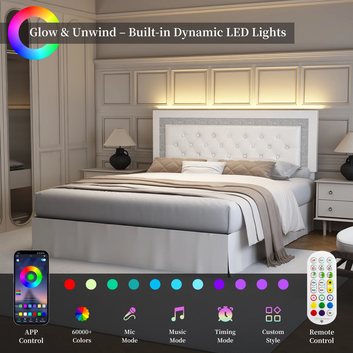 SIBEDS CN Queen Bed Frame With LED Lights Headboard