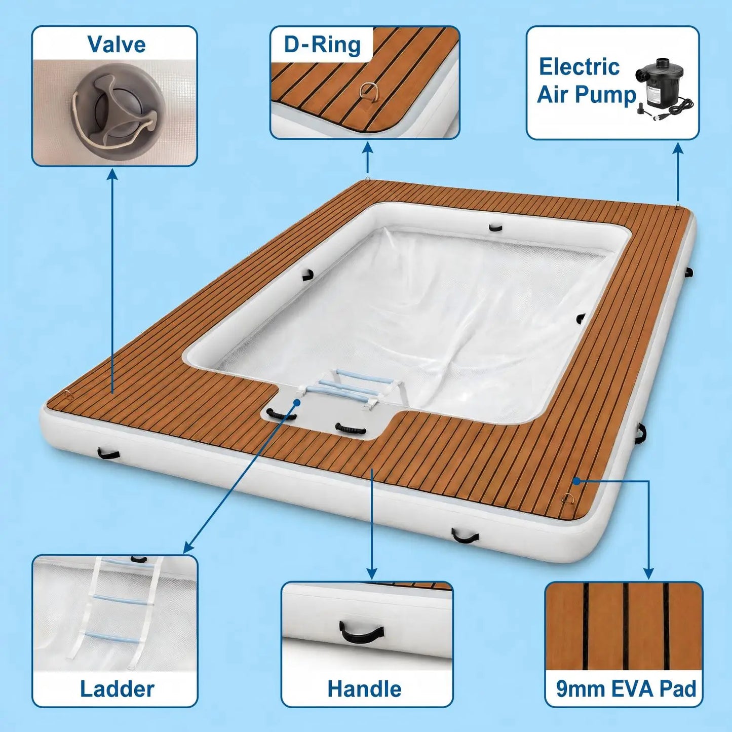 Inflatable Floating Dock Platform With Mesh Swim Area And EVA Non Slip Mat 800Lb