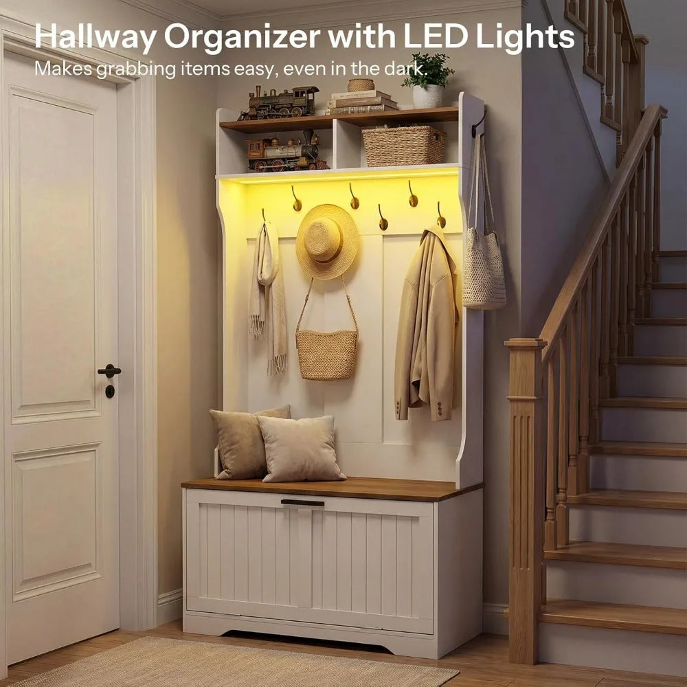 Hall Tree Sturdy Bench LED Coat Rack Shoe StorageSolutions