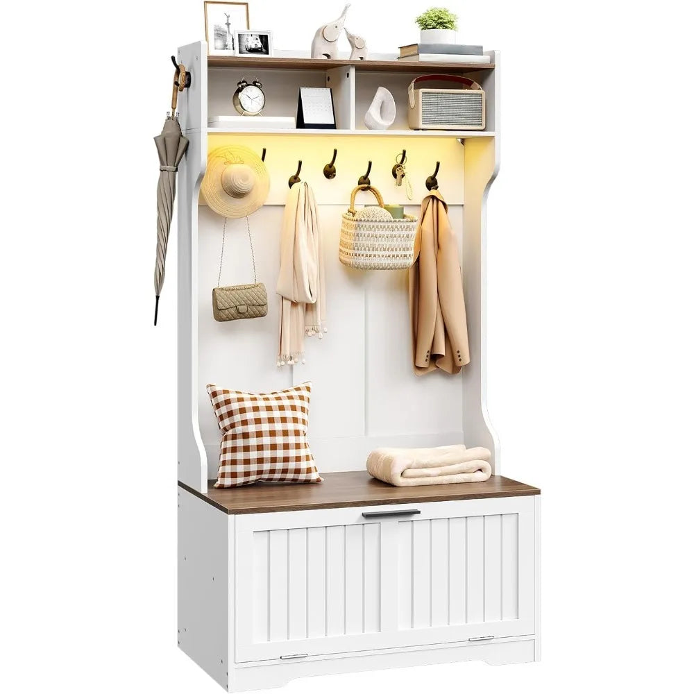 Hall Tree Sturdy Bench LED Coat Rack Shoe StorageSolutions