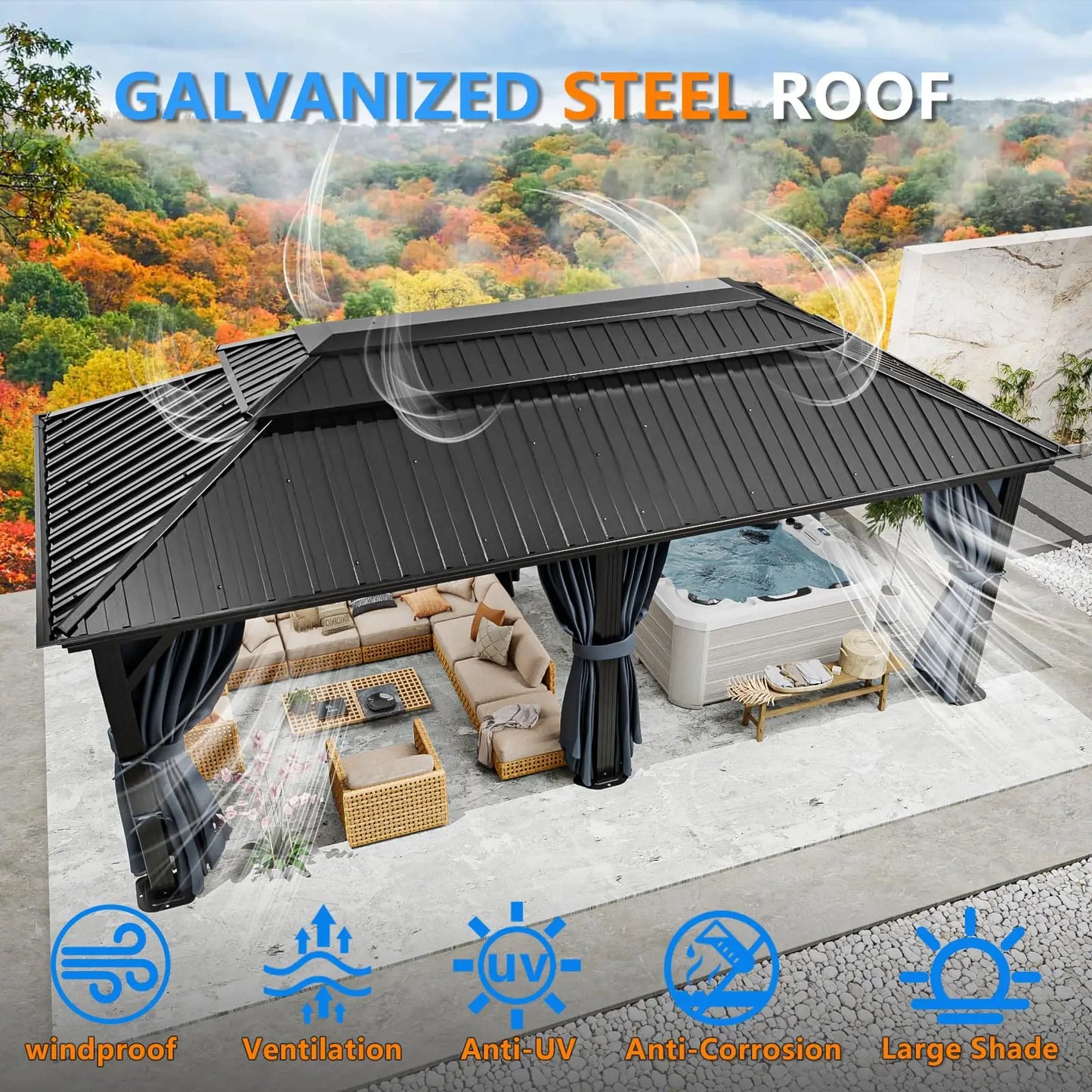 Tooluck Hardtop Gazebo With Metal Roof Flame Resistant Curtain