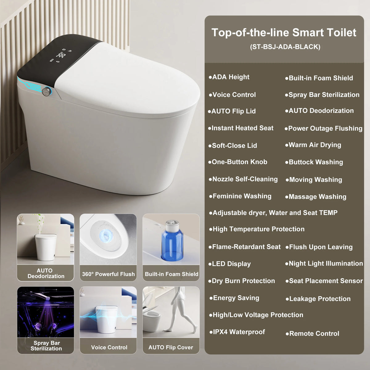 Elongated Smart Bidet Toilet, Voice Control, Warm Air Drying