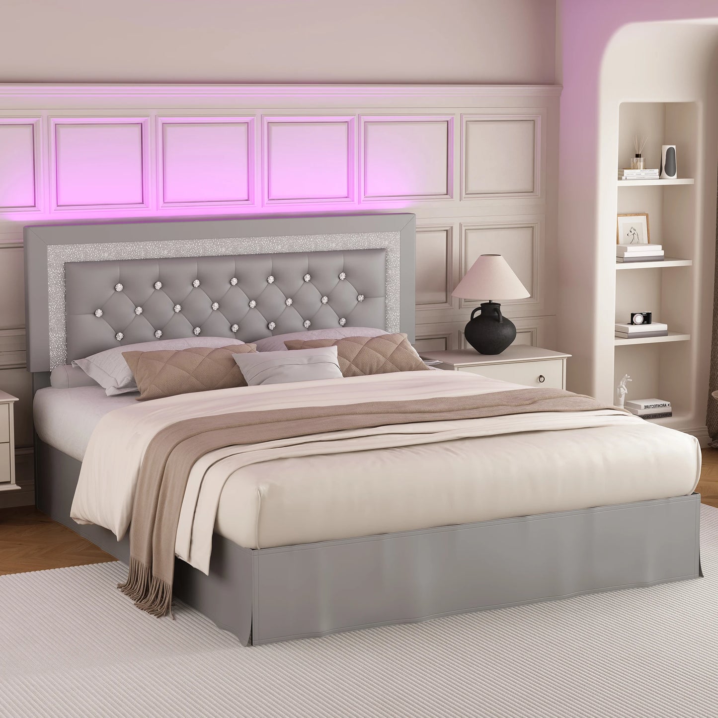 SIBEDS CN Queen Bed Frame With LED Lights Headboard
