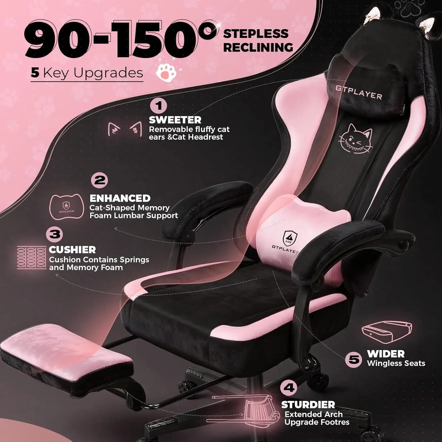 GTPLAYER Ergonomics Cat Ear Gaming Chair With Lumbar Support