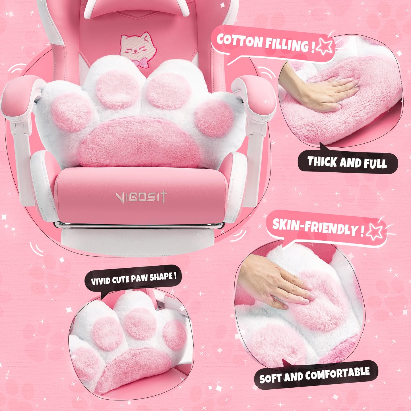 Vigosit Gaming Chair With Cute Ears And Kawaii Pillow Lumbar Support