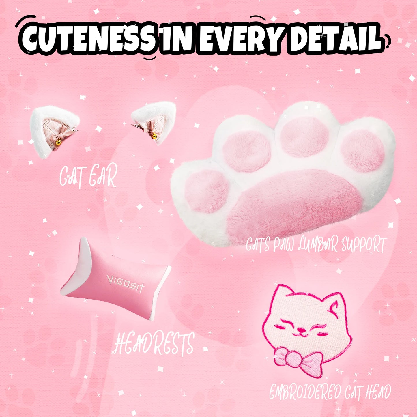 Vigosit Gaming Chair With Cute Ears And Kawaii Pillow Lumbar Support