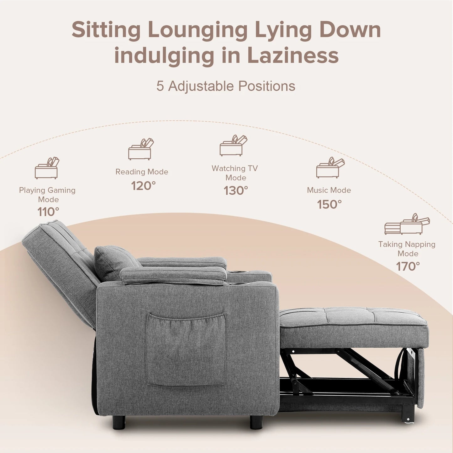 Comhoma 3-in-1 Convertible Sofa Bed Armchair with Cup Holders in Dark Grey