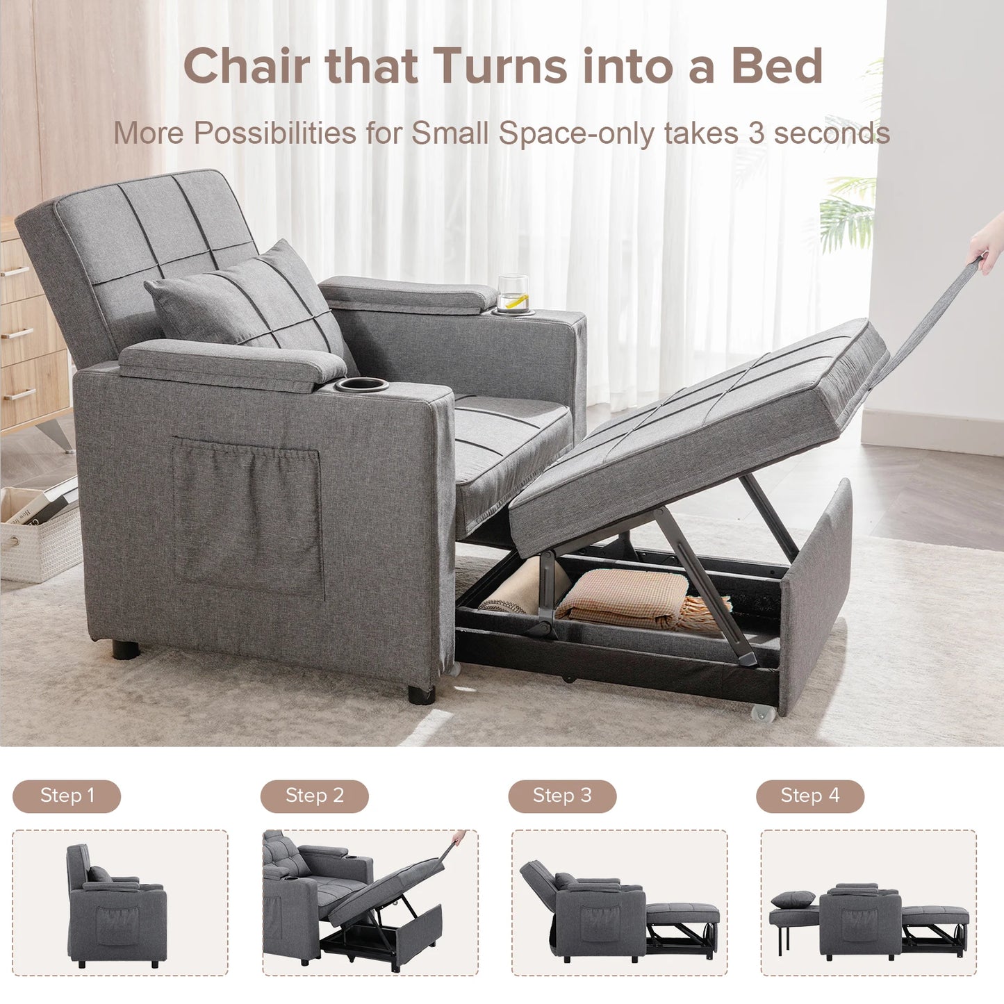 Comhoma 3-in-1 Convertible Sofa Bed Armchair with Cup Holders in Dark Grey