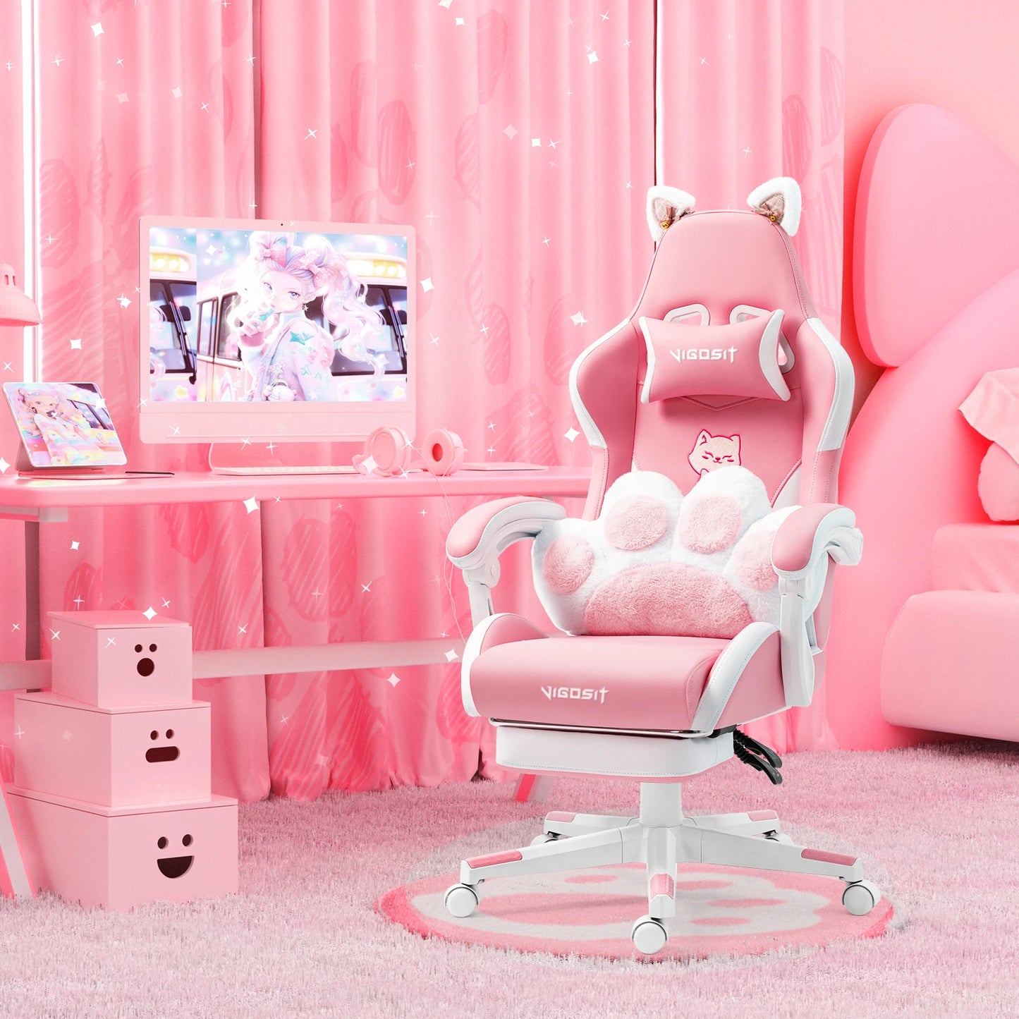 Vigosit Gaming Chair With Cute Ears And Kawaii Pillow Lumbar Support