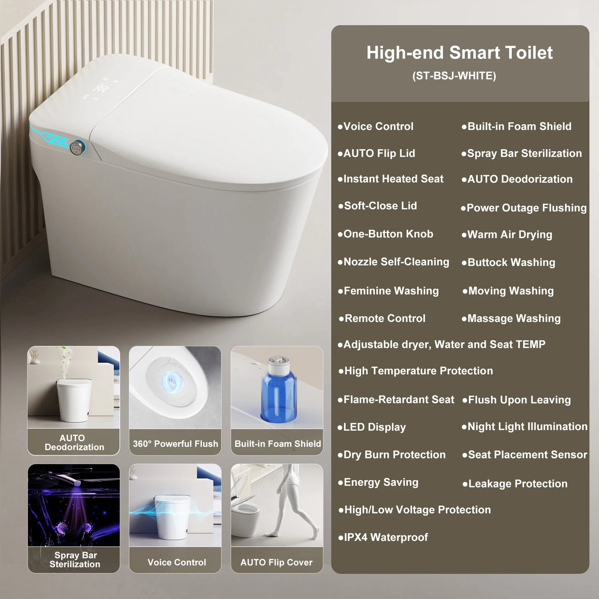 Elongated Smart Bidet Toilet, Voice Control, Warm Air Drying