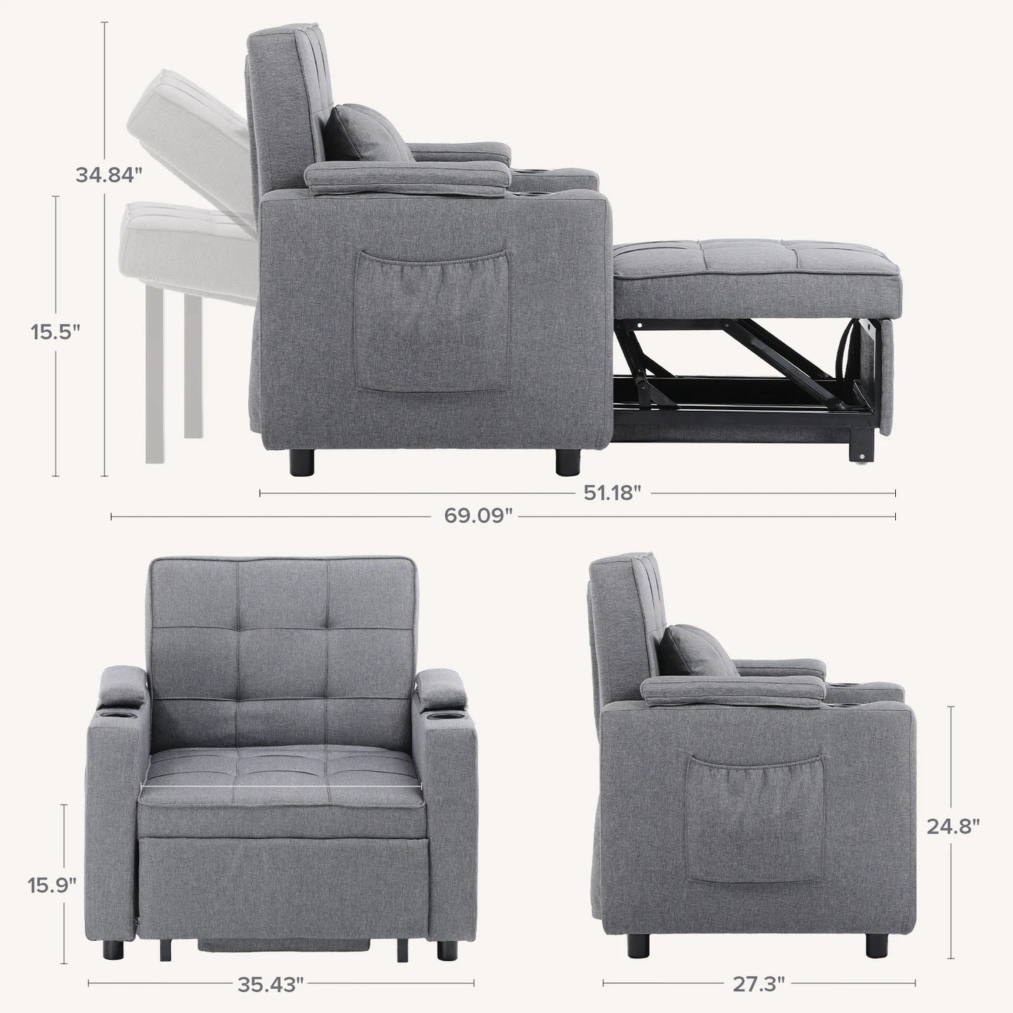 Comhoma 3-in-1 Convertible Sofa Bed Armchair with Cup Holders in Dark Grey