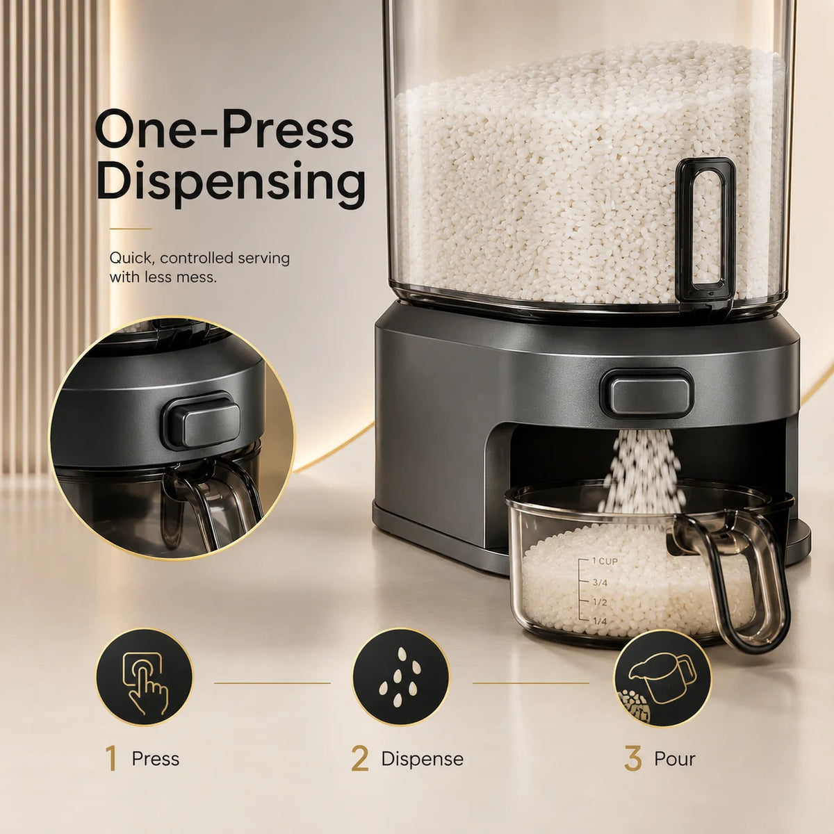 Transparent Rice Dispenser With Measuring Cup For Pantry Storage
