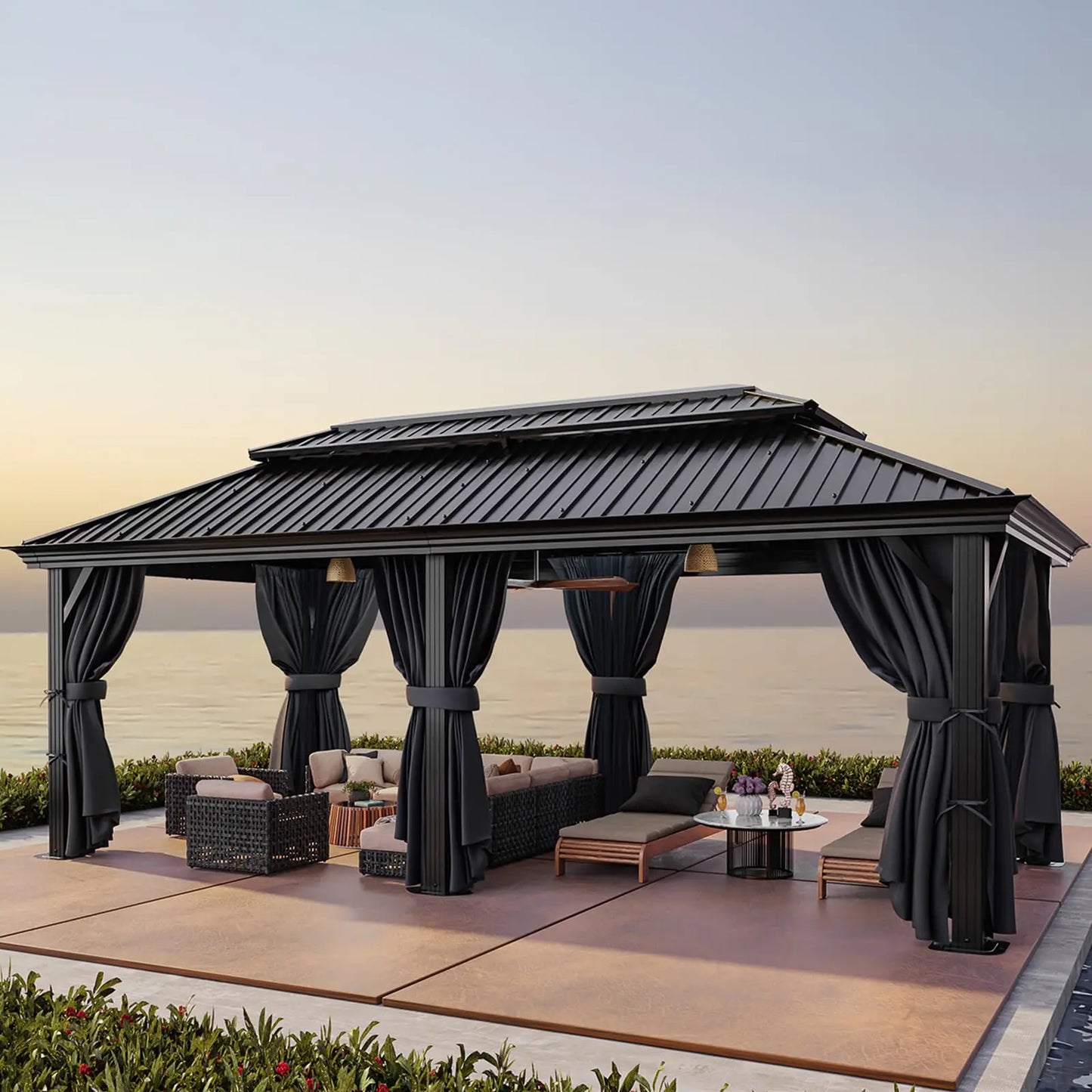 Tooluck Hardtop Gazebo With Metal Roof Flame Resistant Curtain