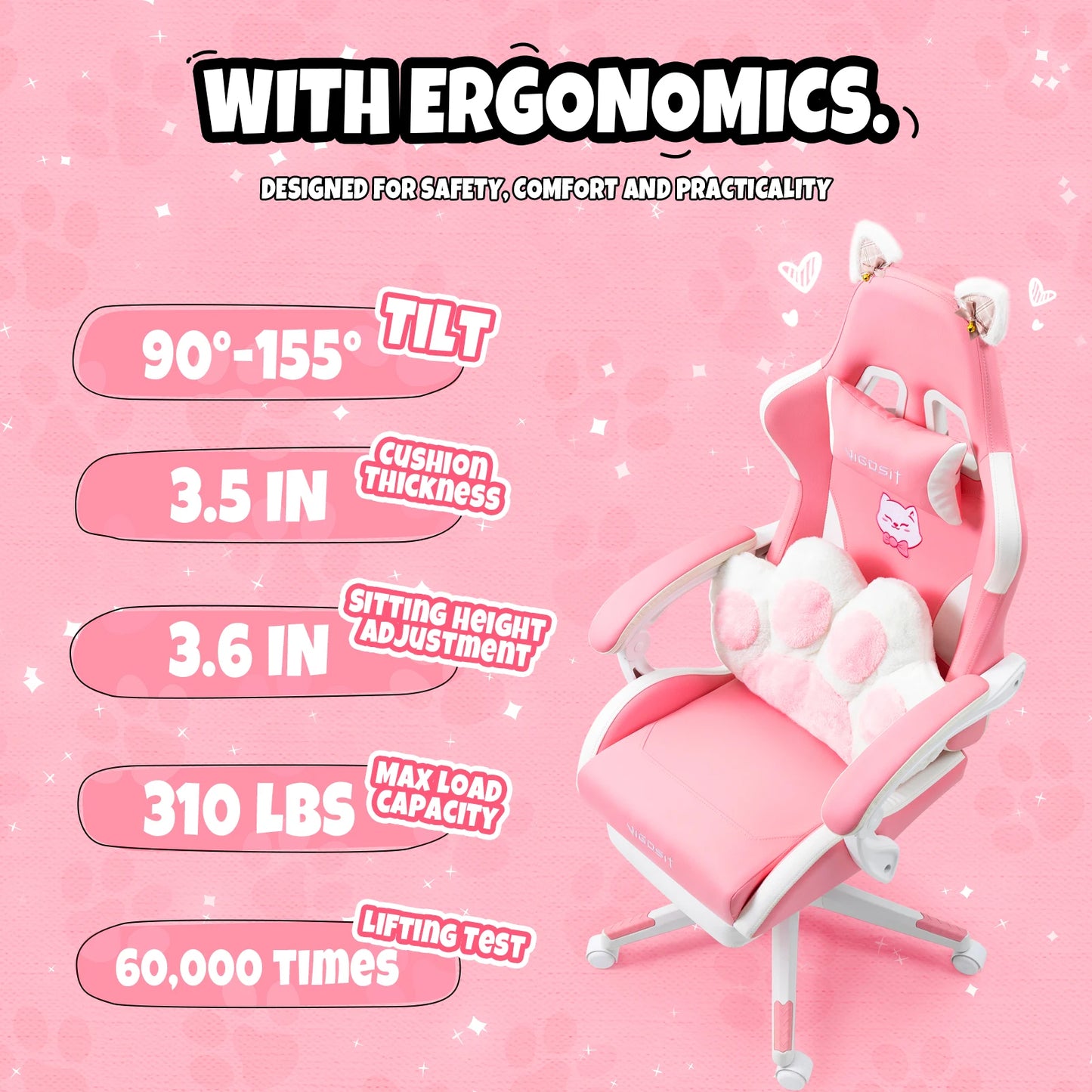 Vigosit Gaming Chair With Cute Ears And Kawaii Pillow Lumbar Support