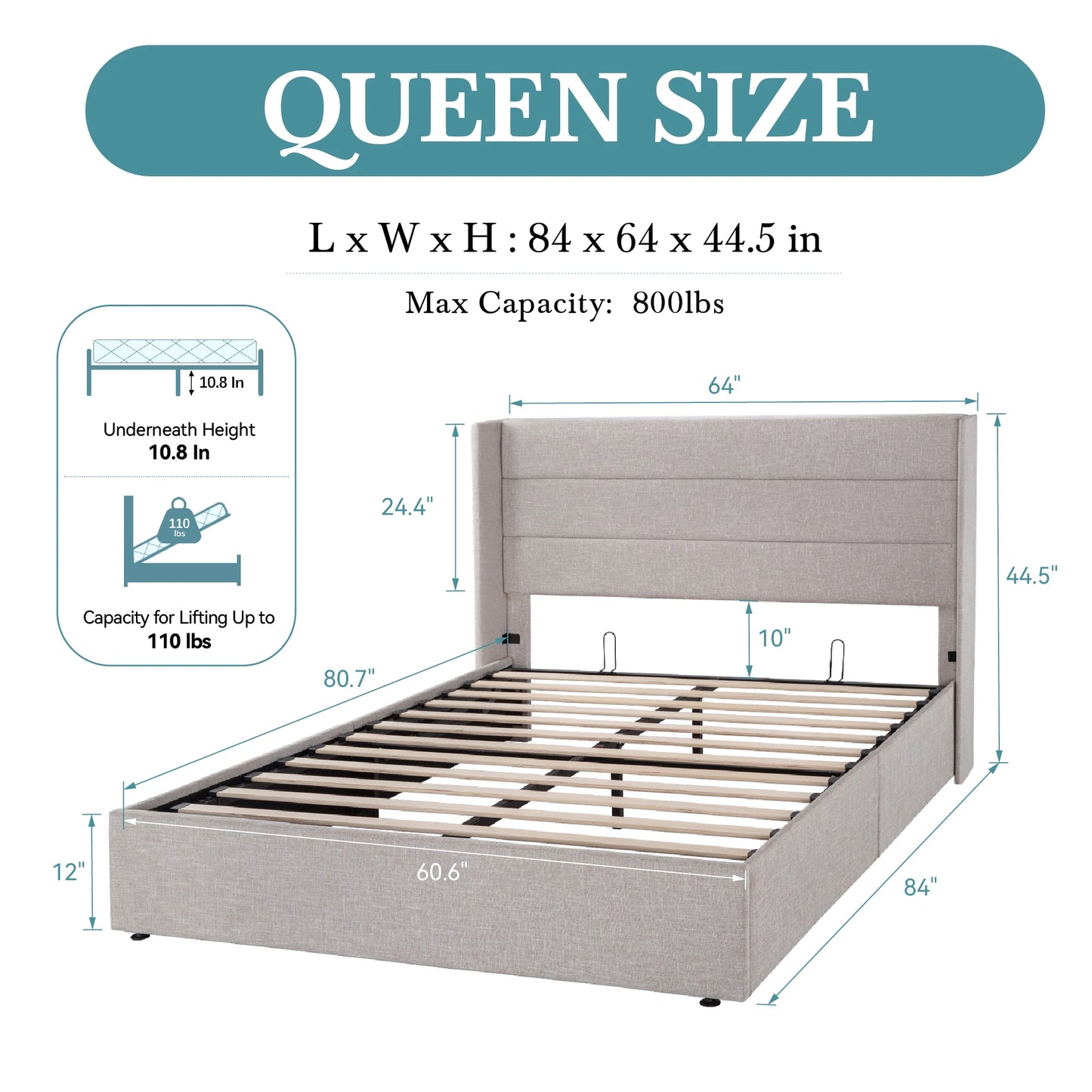Allewie Hydraulic Lift Up Storage Bed With Wingback Headboard
