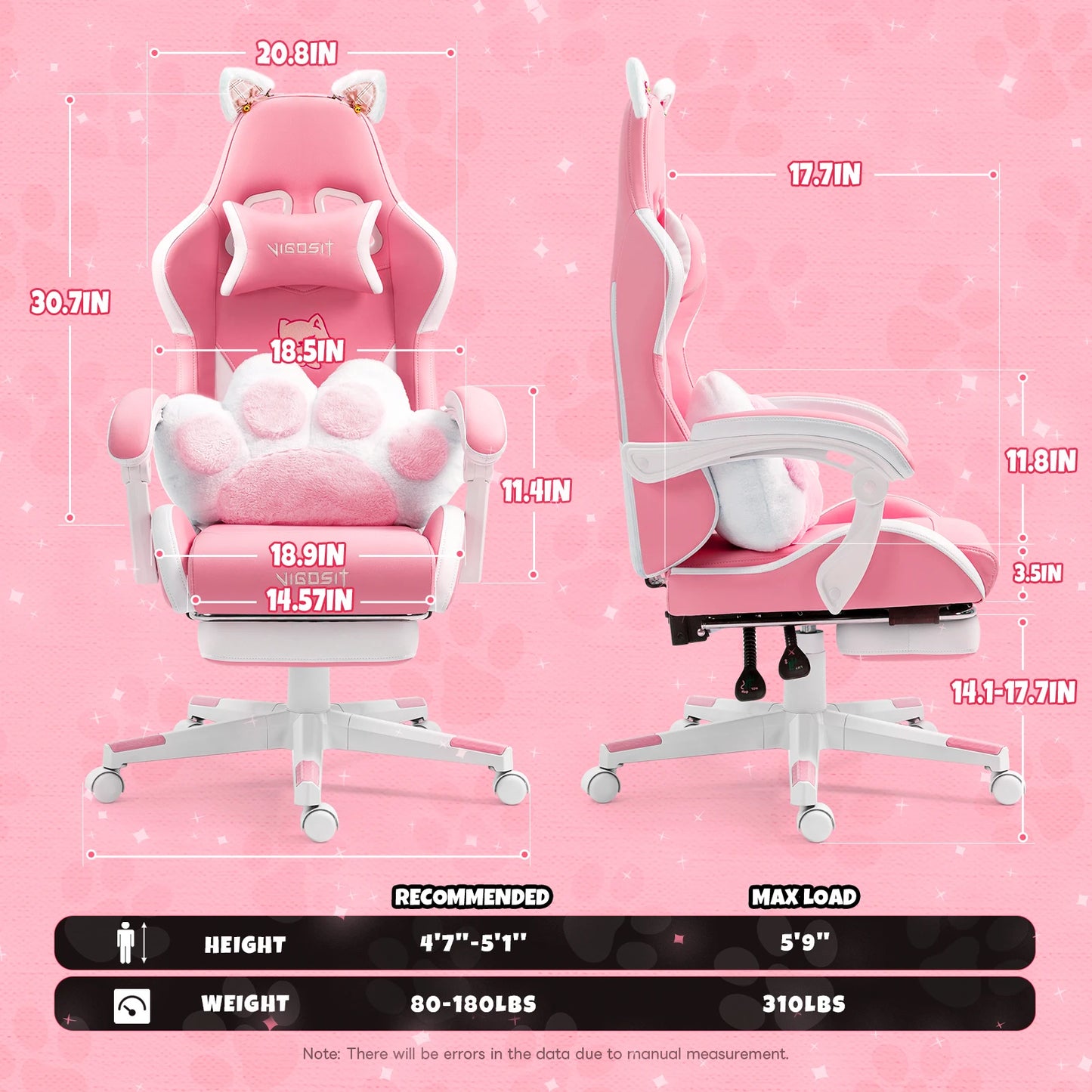 Vigosit Gaming Chair With Cute Ears And Kawaii Pillow Lumbar Support