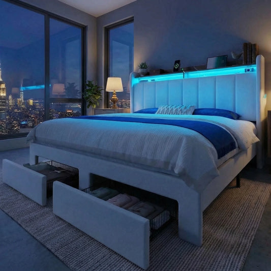 Hoomic Storage Bed Frame With LED Lights Charging Station