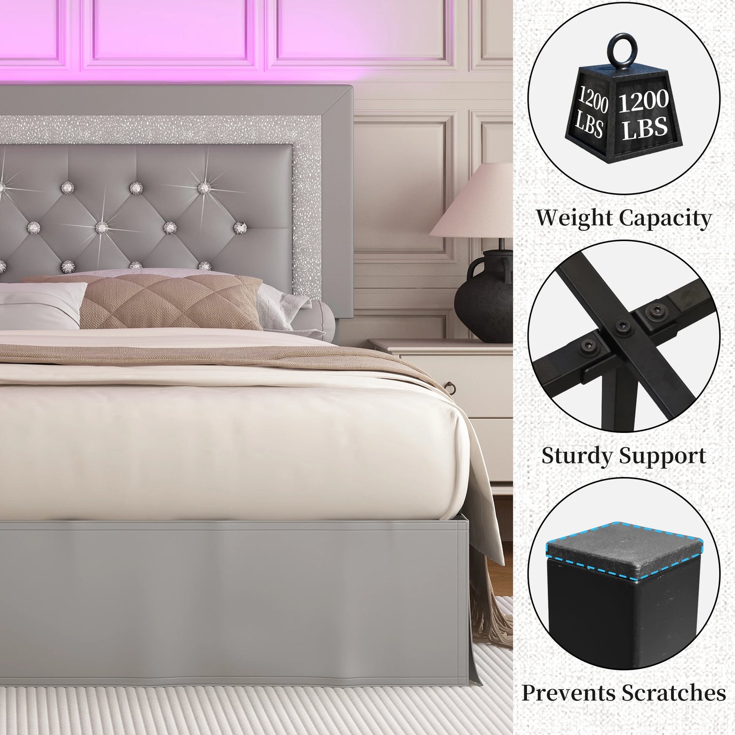 SIBEDS CN Queen Bed Frame With LED Lights Headboard
