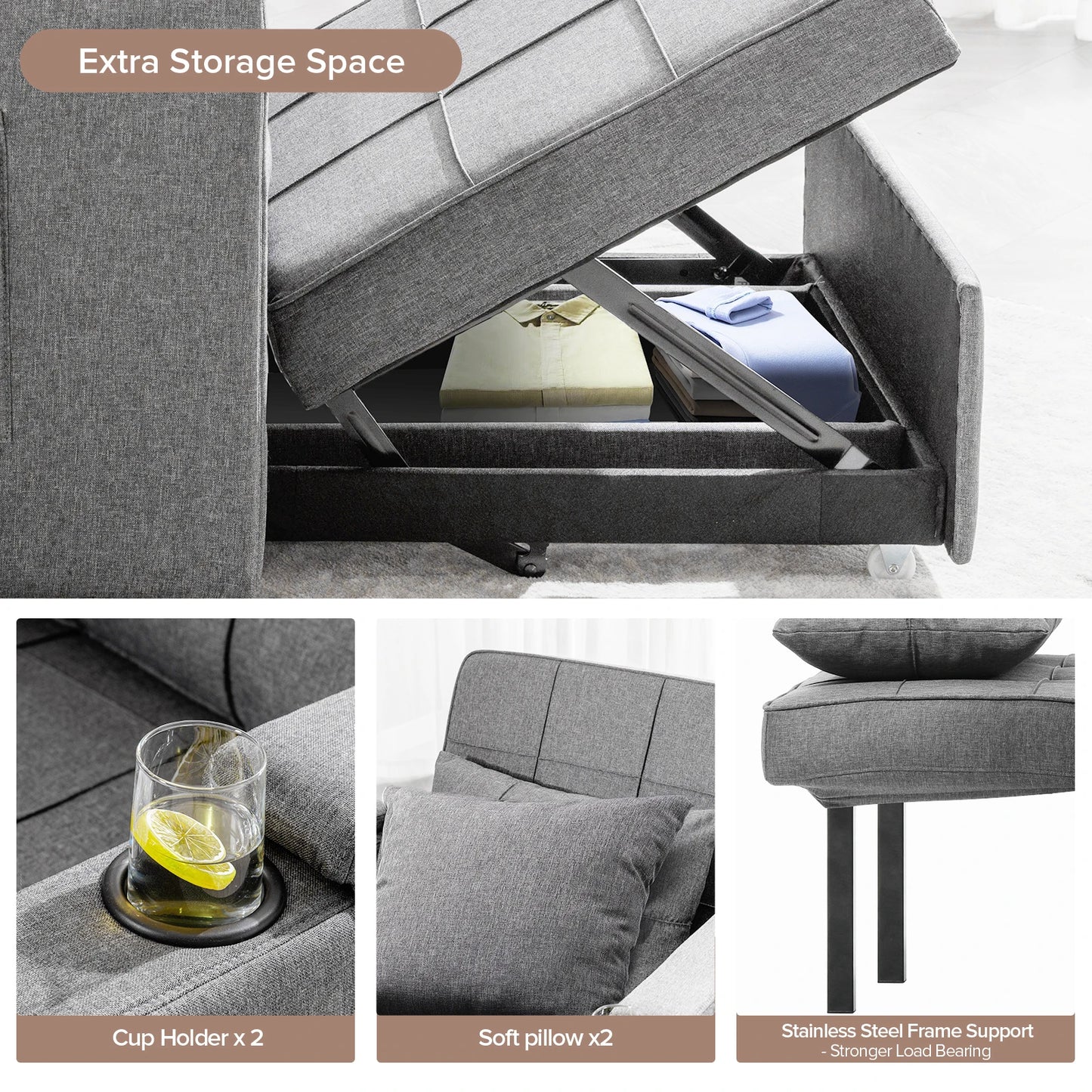 Comhoma 3-in-1 Convertible Sofa Bed Armchair with Cup Holders in Dark Grey
