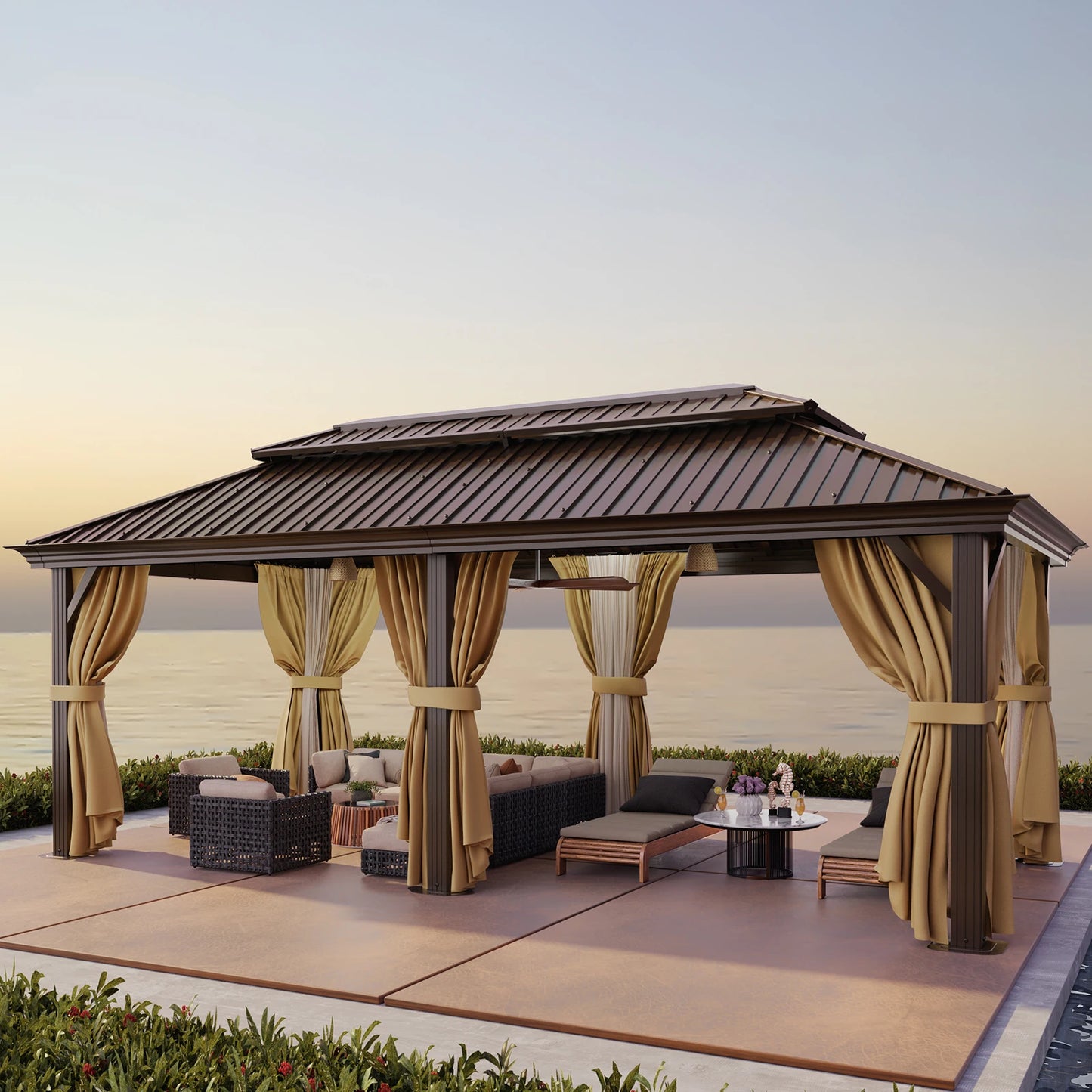 Tooluck Hardtop Gazebo With Metal Roof Flame Resistant Curtain