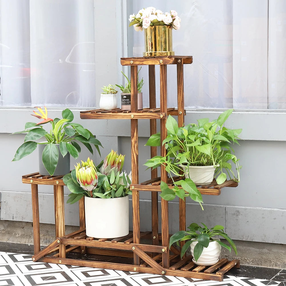 Bingopaw 6 Tiered Wooden Plant Stand Indoor Outdoor Garden