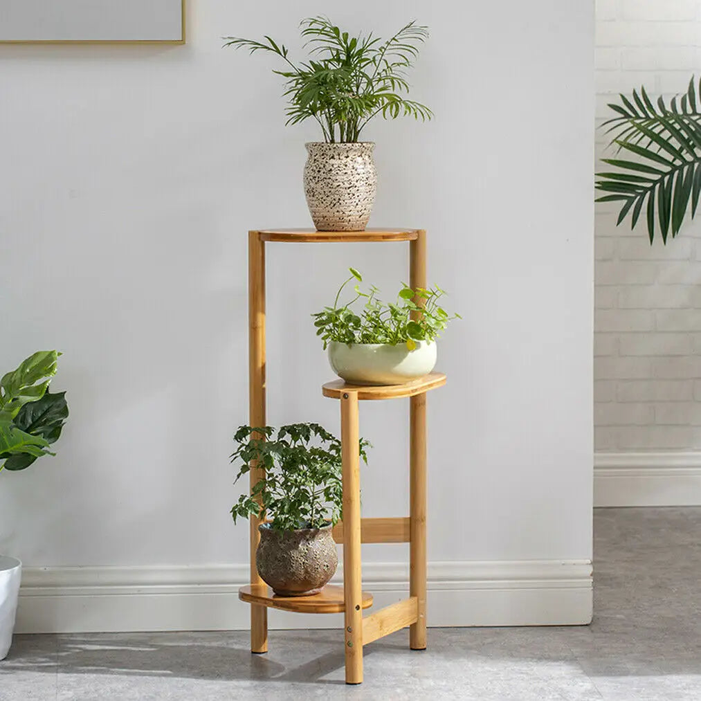 Three Tier Bamboo Plant Stand For Indoor Corner Display