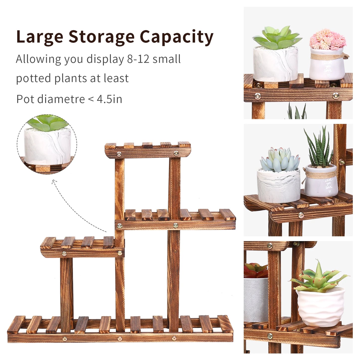 BINGOPAW Carbonized Wood Plant Stand Four Tier Succulent Rack